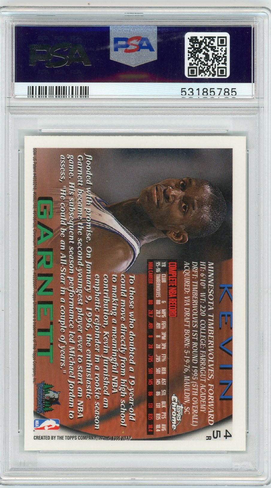 1996 TOPPS KEVIN GARNETT CHROME REFRACTOR #45 PSA 9