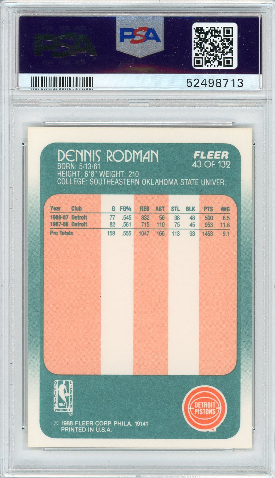 1988 FLEER DENNIS RODMAN #43 PSA/DNA 9 AUTO 10