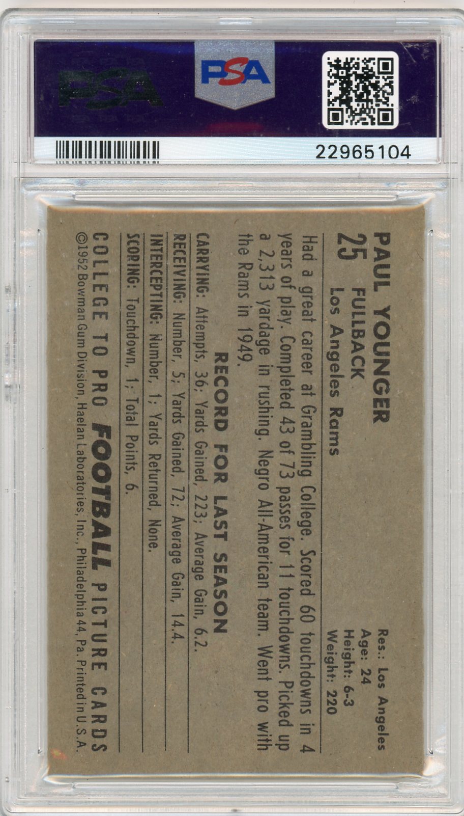 1952 Bowman Large Tank Younger #25 Psa 8