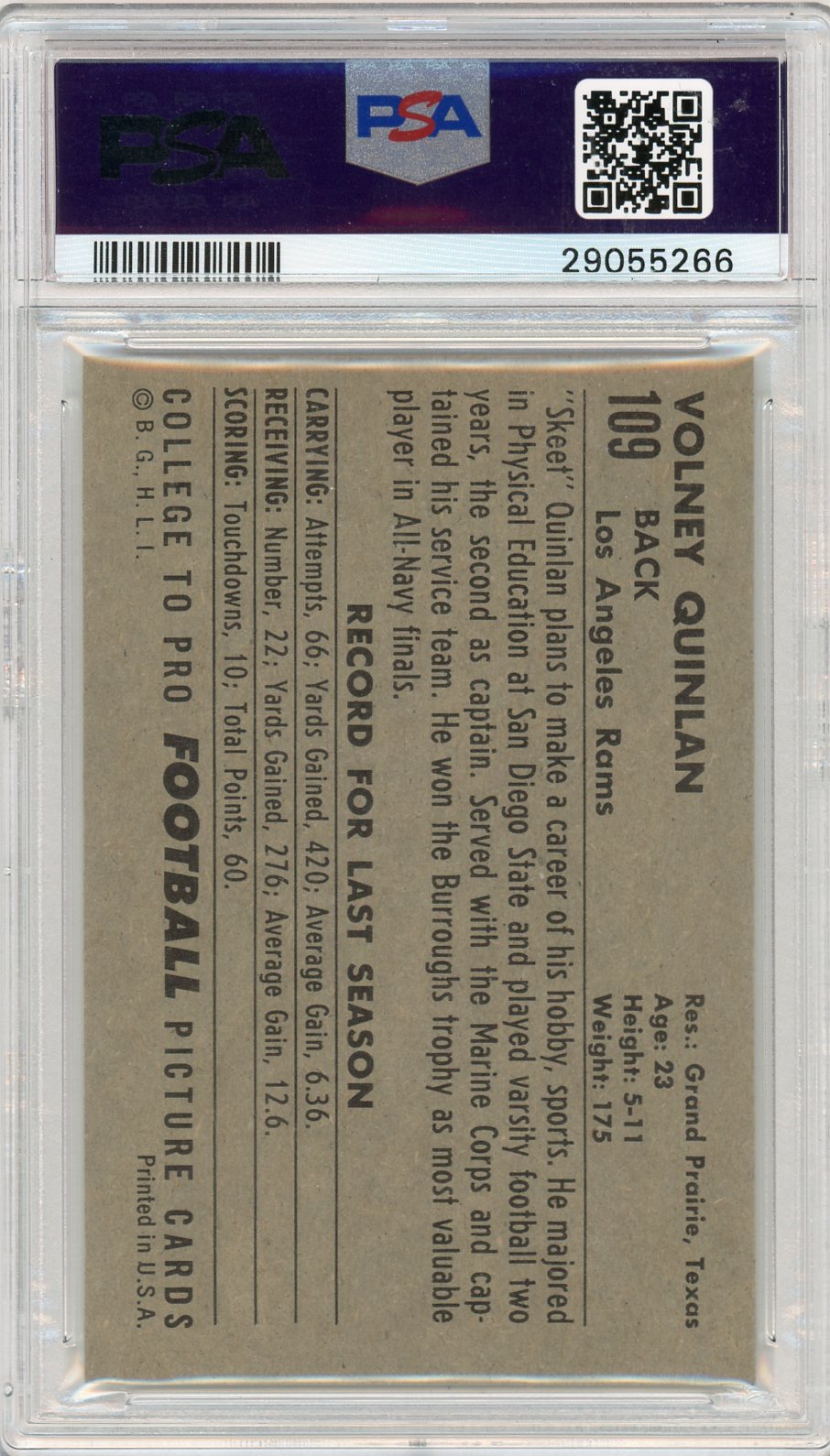1952 Bowman Large Volney Quinlan #109 Psa 8