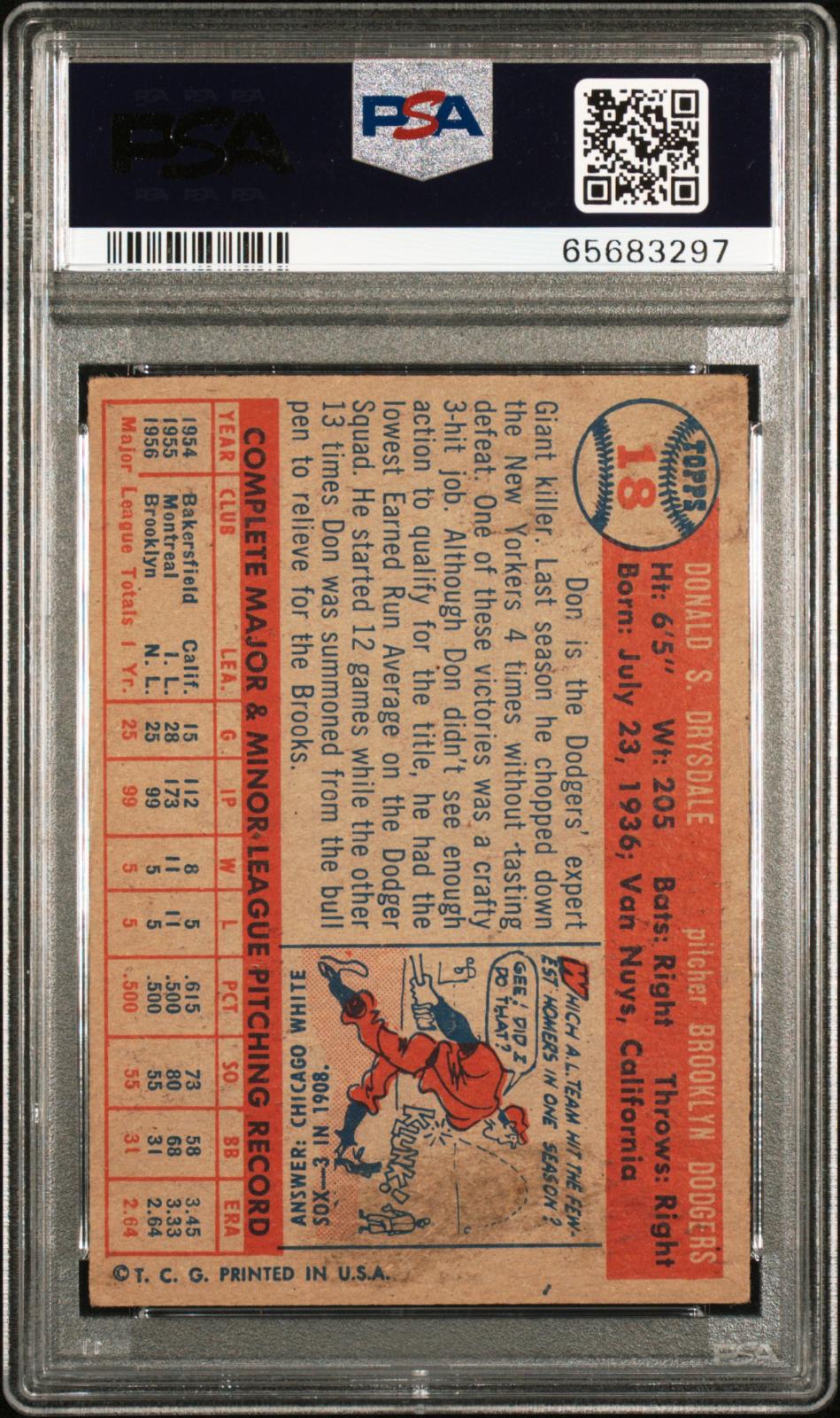 1957 Topps Don Drysdale #18  Psa 3 Auto 9