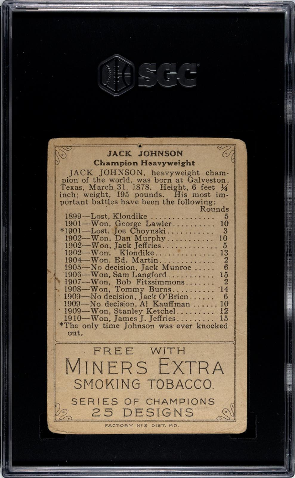 1912 Miners Extra Series Of Champions (t227) Jack Johnson #  Sgc 1