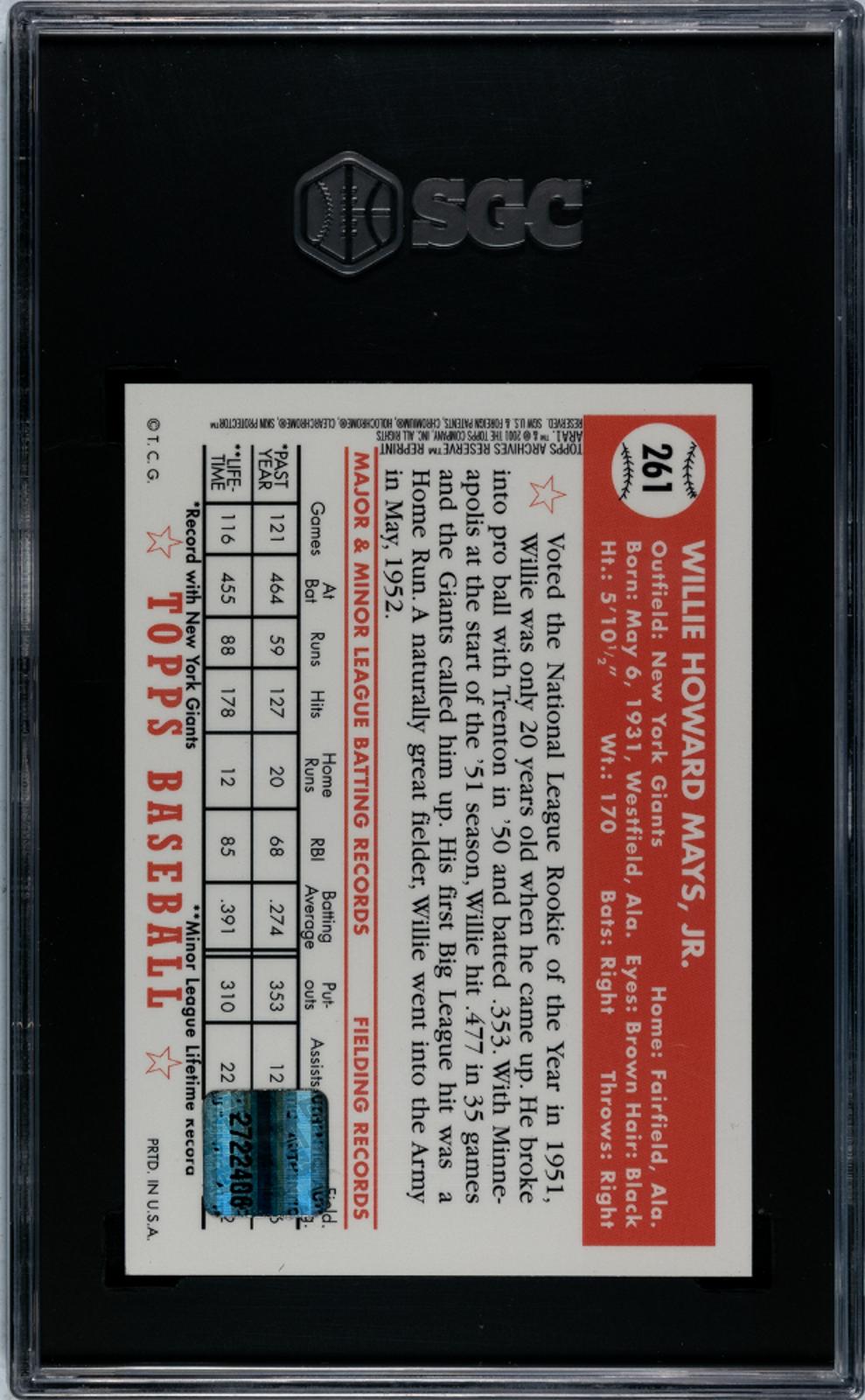 2001 Topps Archives Reserve Willie Mays #ara1 Rookie Reprint Auto. Sgc 9