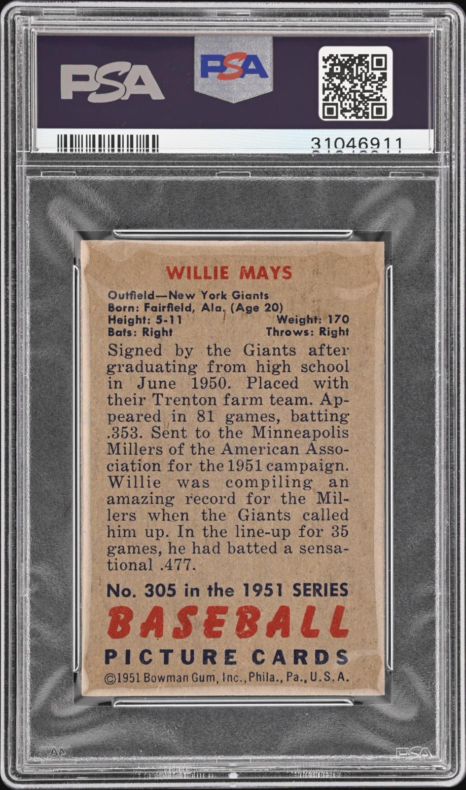 1951 Bowman Willie Mays #305  Psa 5