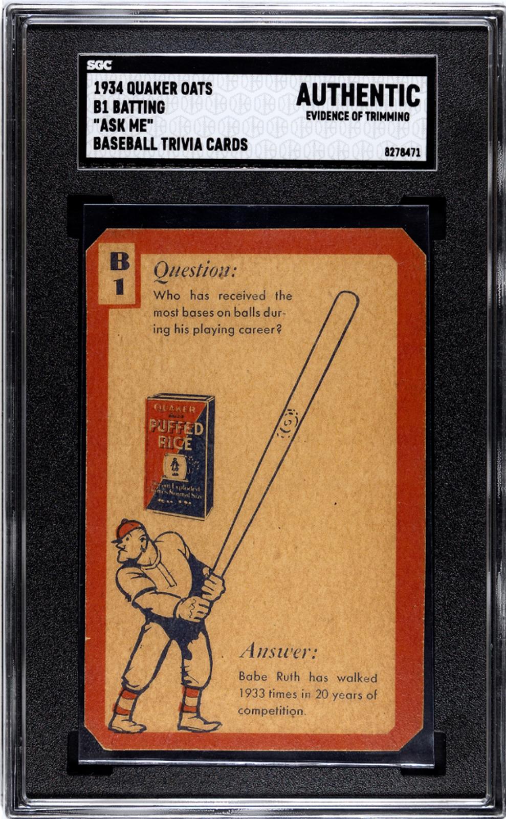 1934 Quaker Oats Batting # "ask Me" Baseball Trivia Cards Sgc AUTHENTIC