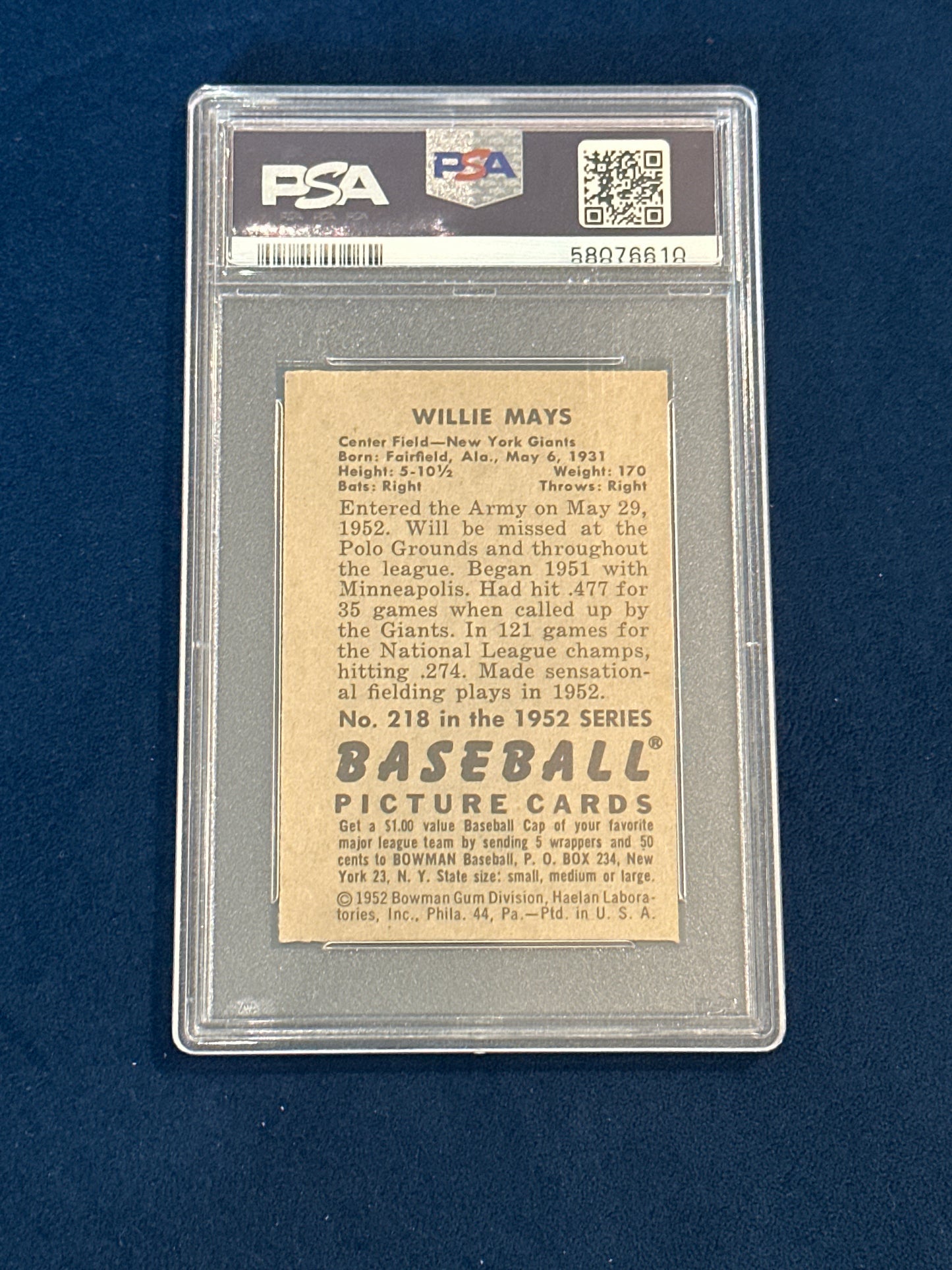 1952 Bowman Willie Mays #218  Psa 7