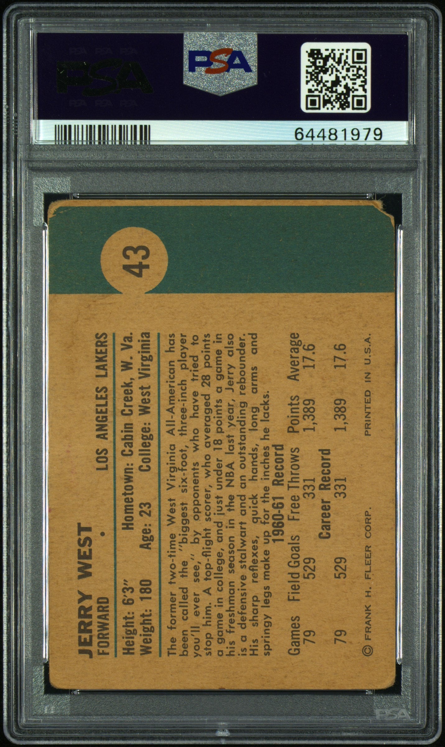 1961 Fleer Jerry West #43 PSA A