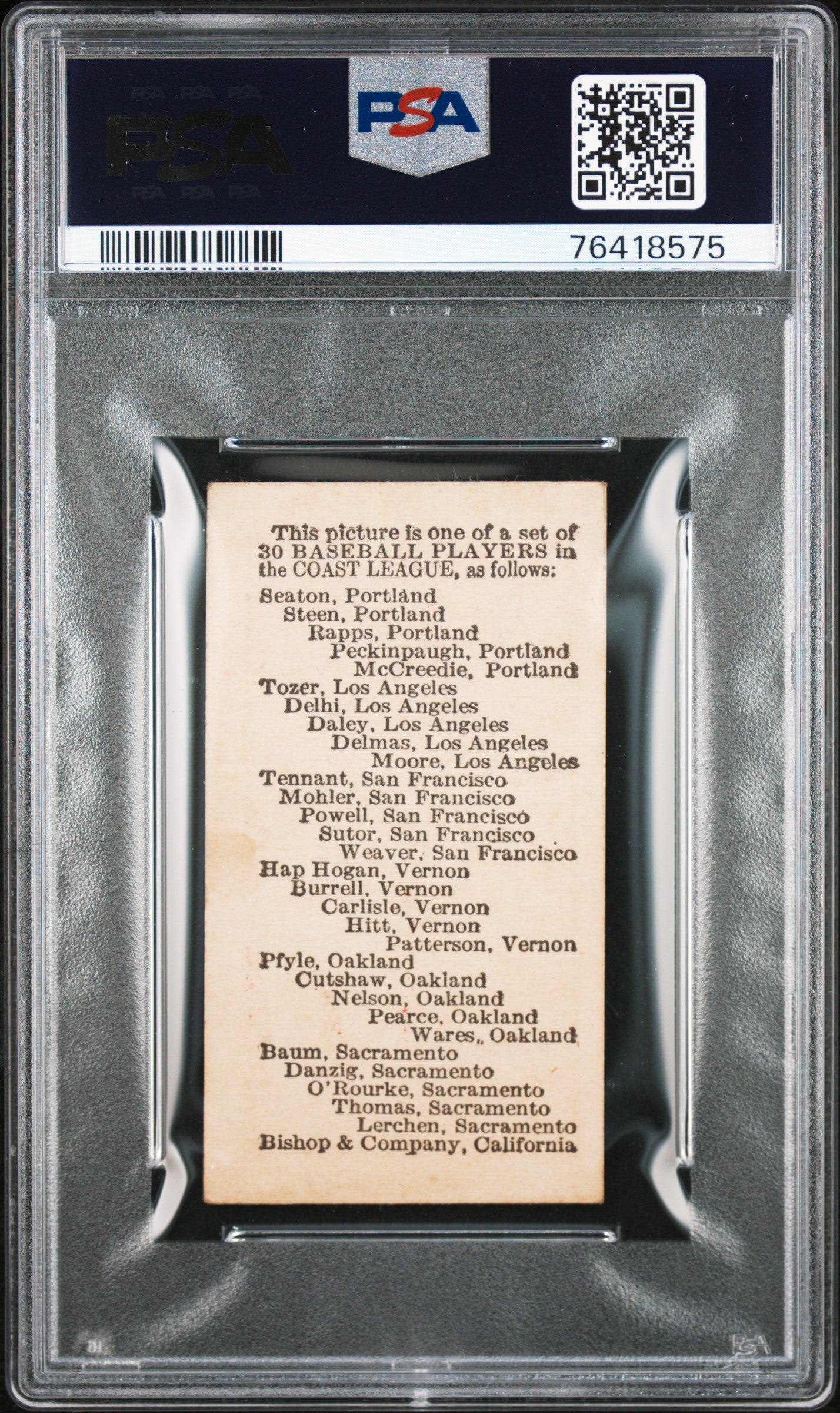 1911 Bishop & Co. Pacific Coast League-type 1 E100  Seaton  Type 1 Psa 4