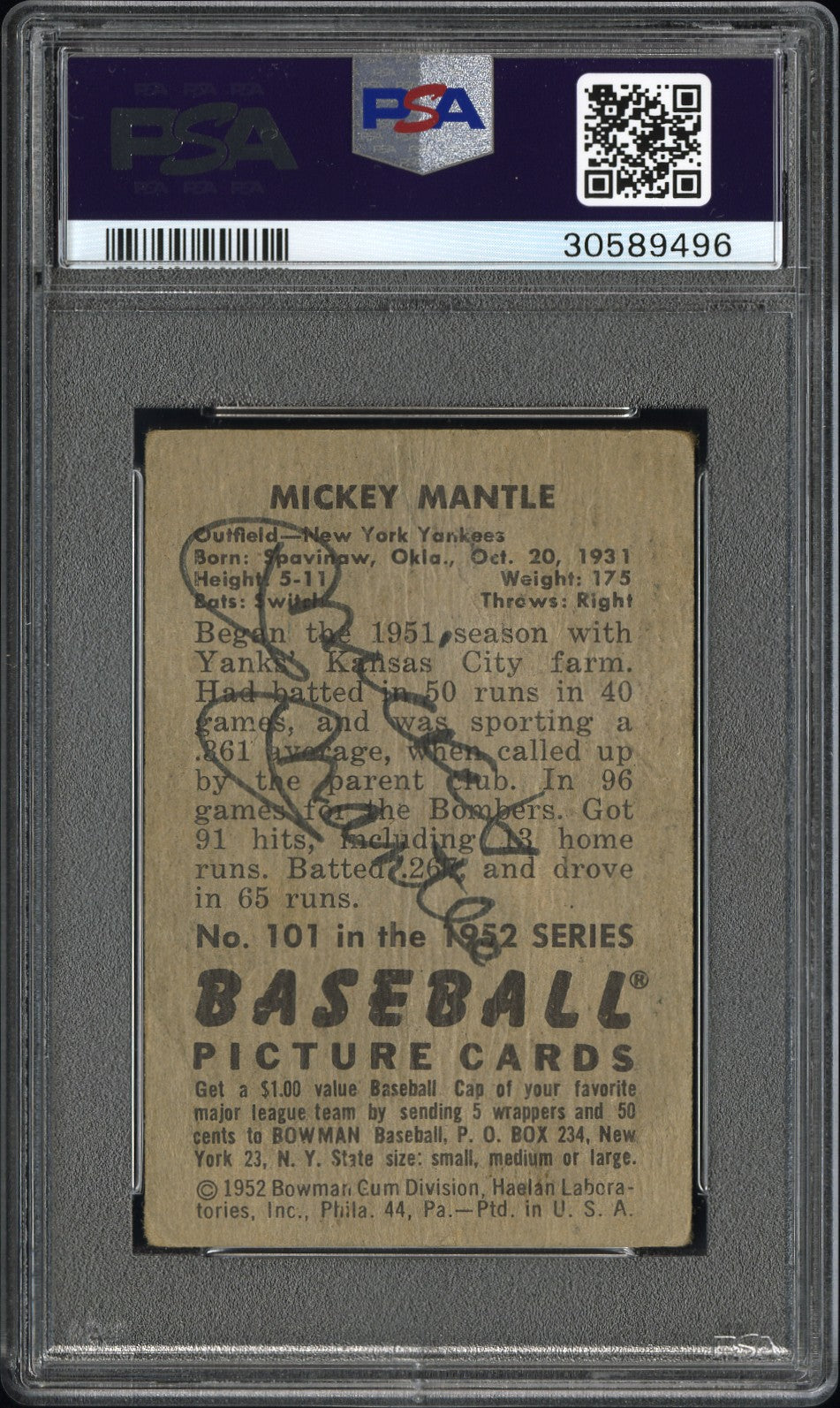 1952 Bowman Mickey Mantle #101 Psa 1