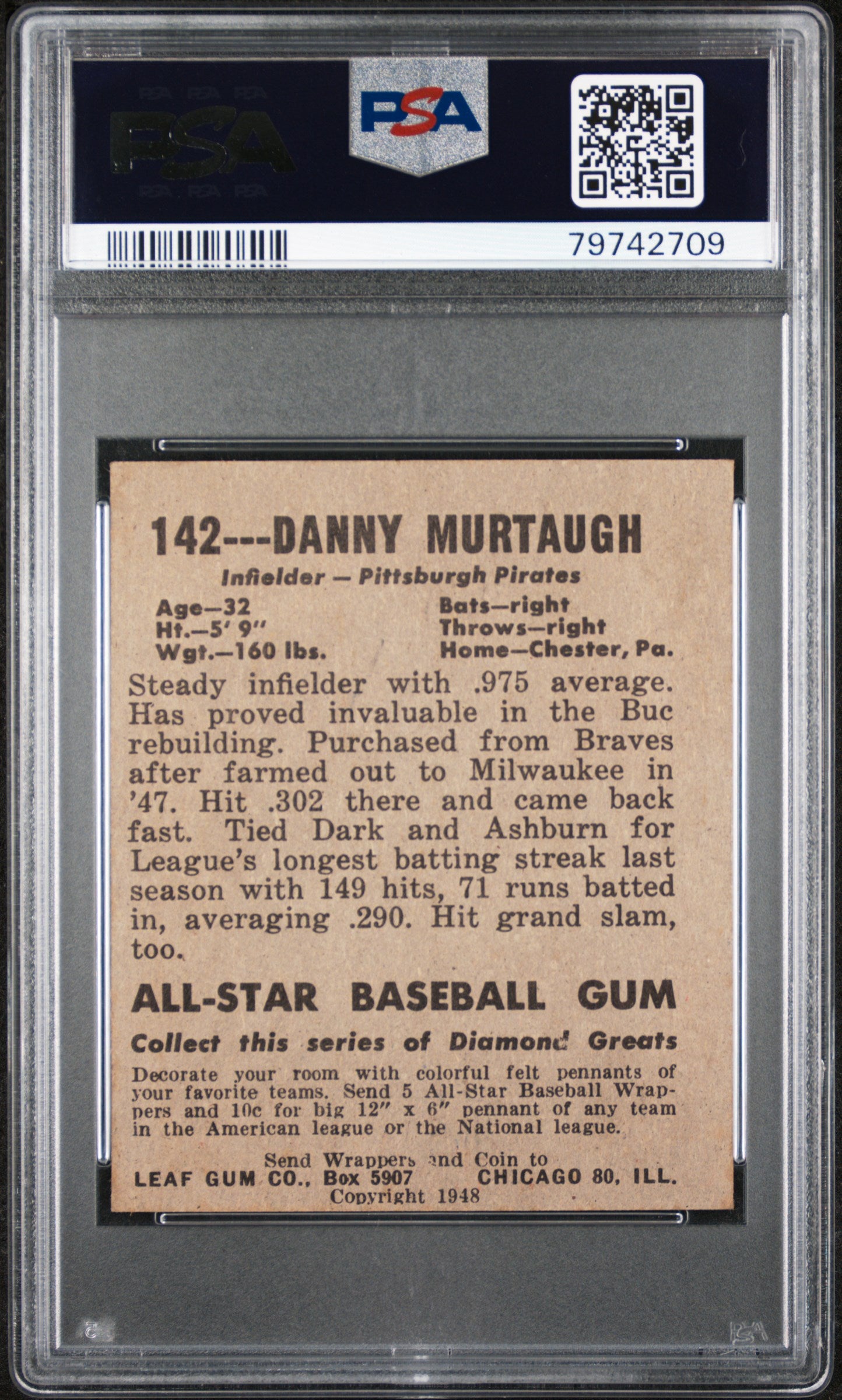 1948 Leaf Danny Murtaugh #142 Psa 6