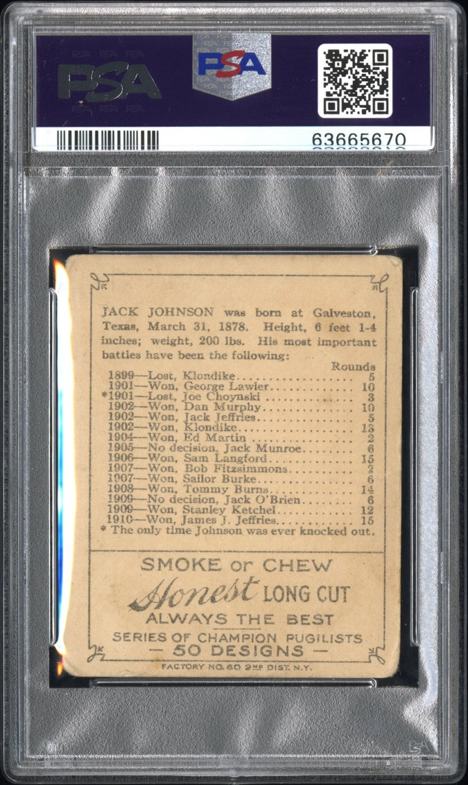 1910 T219 Champion Pugilist Jack Johnson Psa 1.5 Front