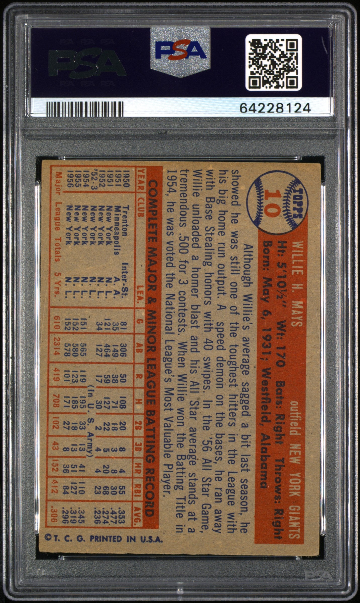 1957 Topps Willie Mays #10 Psa 5